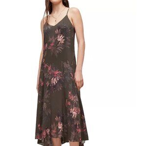 ALLSAINTS Essey Nila Printed Slip Dress floral bird dark green pink 12 midi